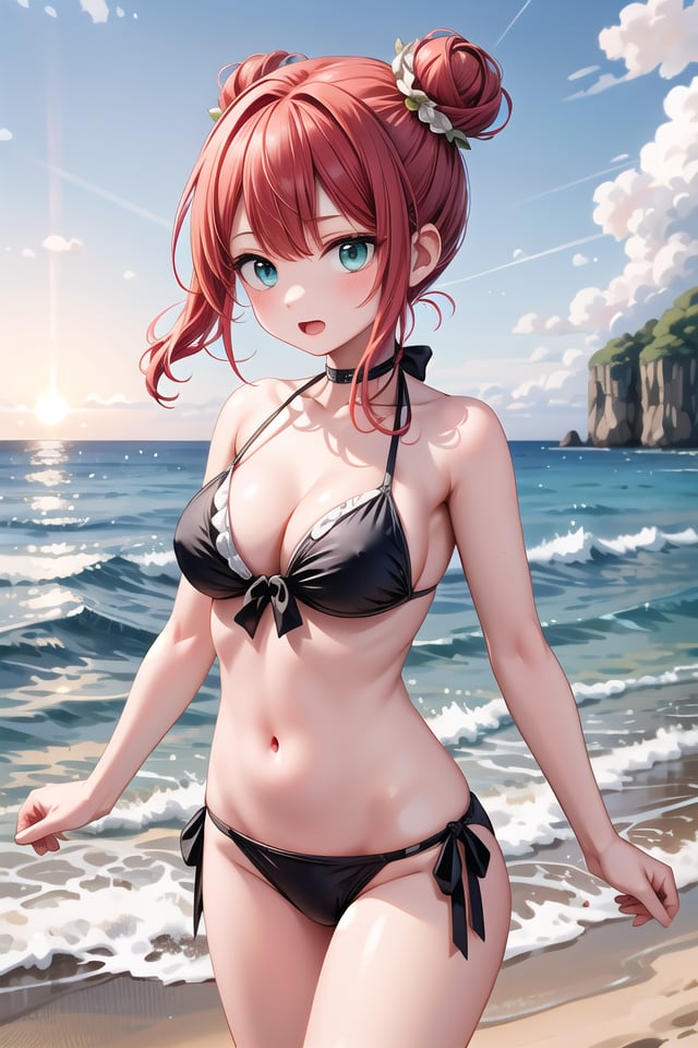 insanely detailed, absurdres, ultra-highres, ultra-detailed, best quality,1girl, solo, nice hands, perfect handsBREAK(pastel colored bikini:1.3)BREAKexpressionless, open mouth,standing, seductive pose, cowboy shotBREAKslender, kawaii, perfect symmetrical face, ultra cute girl, ultra cute face, ultra detailed eyes, ultra detailed hair, ultra cute, ultra beautifulBREAKEvening sea Capture the mesmerizing beauty of the ocean as the sun sets, painting the sky with warm hues, depth of field, ultra detailed backgroundBREAKmedium large breasts, cleavage, extremely detailed navel,  (shiny skin:1.3)BREAKred hair, green eyes, ballerina bun,