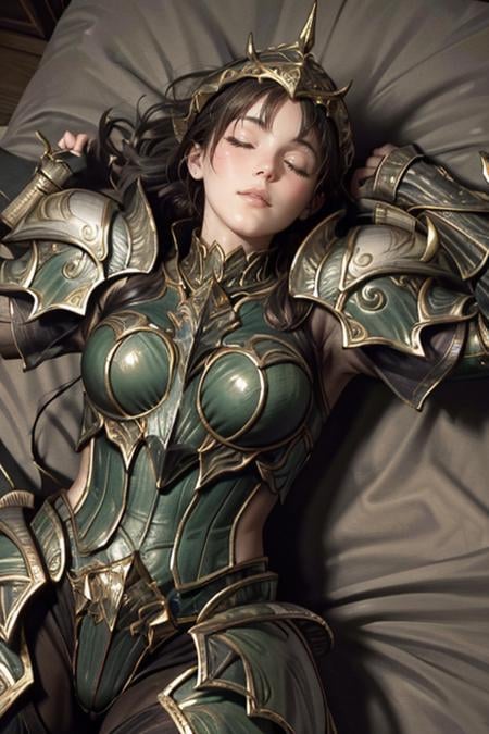 <lora:HXarmour_020:0.9>,(sleeping pose:1.2),hxarmour,1girl,mountain,(green armour:1.2),