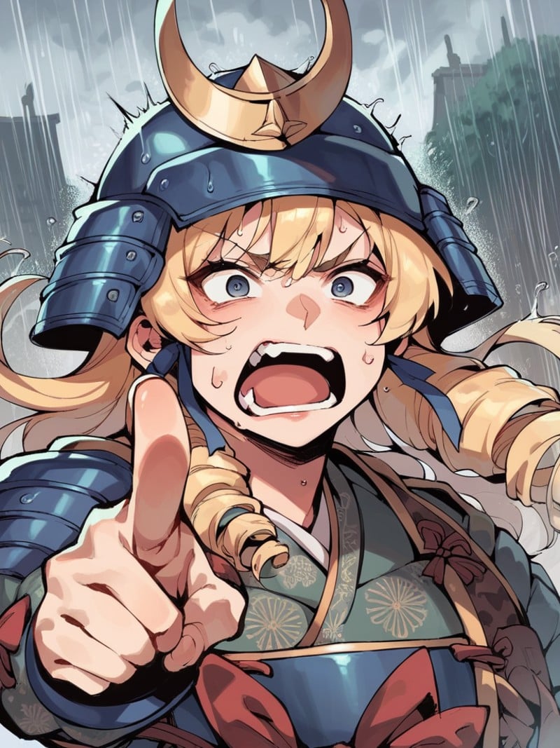 score_9,score_8_up,score_7_up,source_anime,1girl,<lora:samurai_armor_pony:1>,samurai,sweat,upper body,open mouth,helmet,shouting,long blonde drill hair,pointing,rain,