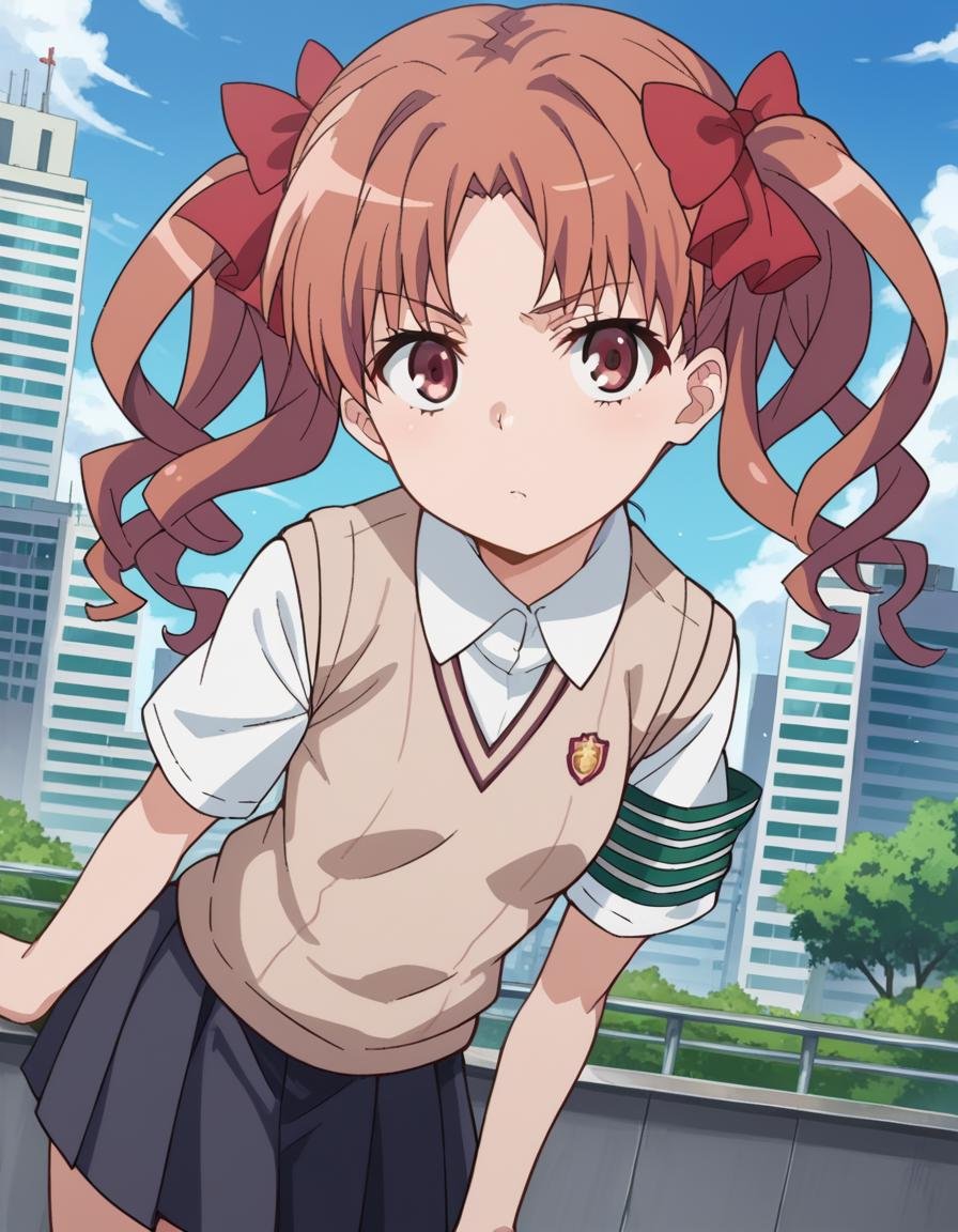 score_9, score_8_up, score_7_up, source_anime,kurokoshirai, <lora:kuroko-shirai-s3-ponyxl-lora-nochekaiser:1>,kuroko shirai, brown hair, long hair, parted bangs, brown eyes, ringlets, twintails, hair bow, bow, red bow,armband, black skirt, collared shirt, dress shirt, pleated skirt, safety pin, school uniform, shirt, short sleeves, skirt, summer uniform, sweater vest, tokiwadai school uniform, twintails, white shirt, brown sweater vest,outdoors, cityscape, bent over,looking at viewer, dutch angle, cowboy shot,