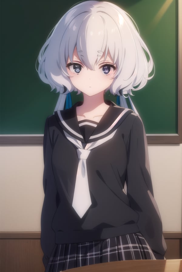 junkokonno, <lora:junko konno s2-lora-nochekaiser:1>,junko konno, low twintails, (black eyes:1.5), twintails, white hair,BREAK sailor dress, serafuku, skirt, school uniform, white necktie, necktie, long sleeves,BREAK looking at viewer, full body,BREAK indoors, classroom,BREAK <lyco:GoodHands-beta2:1>, (masterpiece:1.2), best quality, high resolution, unity 8k wallpaper, (illustration:0.8), (beautiful detailed eyes:1.6), extremely detailed face, perfect lighting, extremely detailed CG, (perfect hands, perfect anatomy),