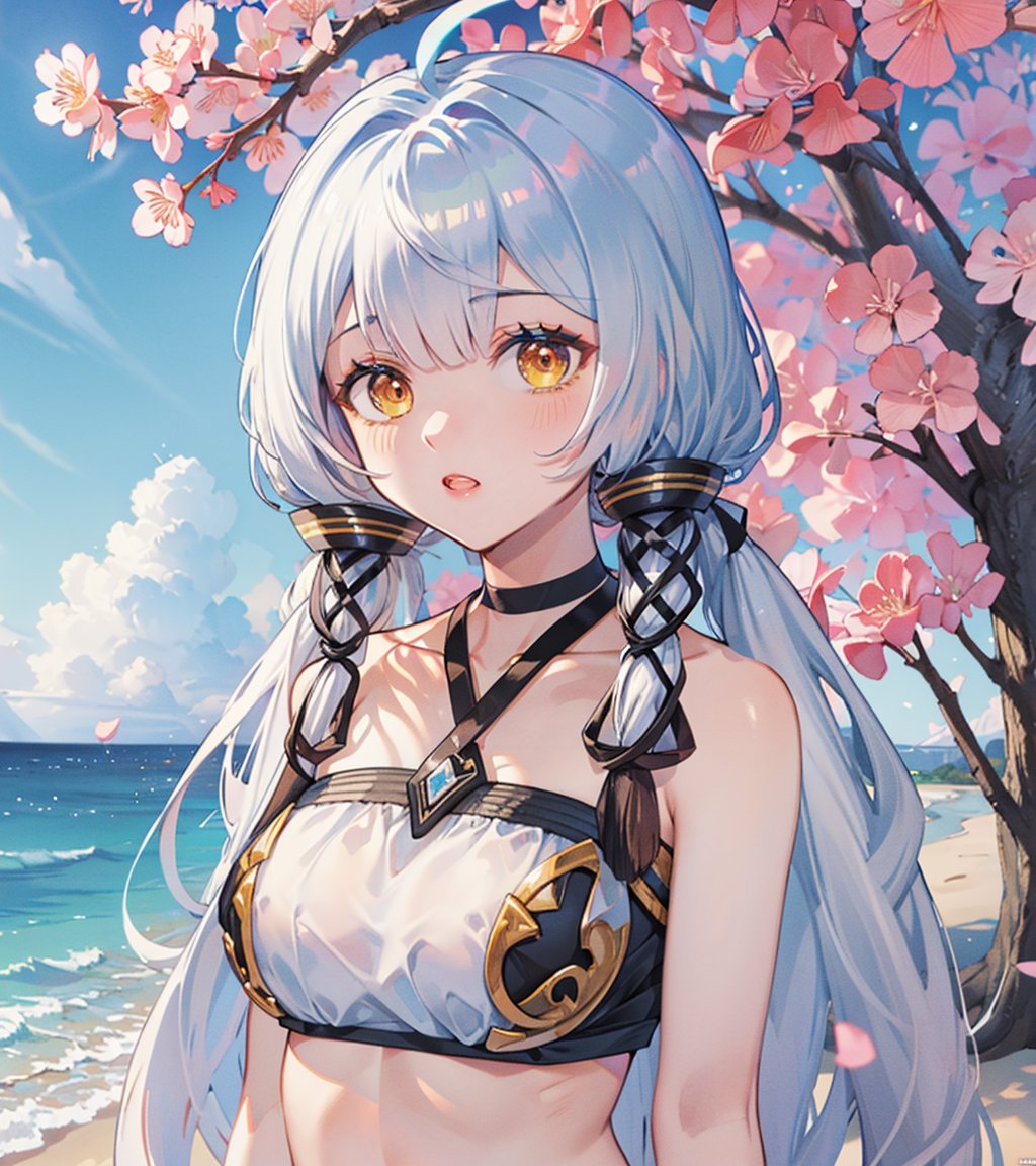 ray tracing, {best quality}, {{masterpiece}}, {highres}, original, extremely detailed 8K wallpaper, {an extremely delicate and beautiful}, extremely detailed CG unity 8k wallpaper, beachday, outdoorsdetailed background, Cherry blossoms, 1girl, standing, long hair, solo focus, looking at viewer, jewelry, choker, makeup, upper teeth only, eyeshadow,ink eyeshadow, eyelashes, collarbone, (ribs:1.2), very long hair, yellow eyes, bangs, hair ornament, ahoge, grey hair,hair tubes, quad tails<lora:EMS-65757-EMS:1.000000>