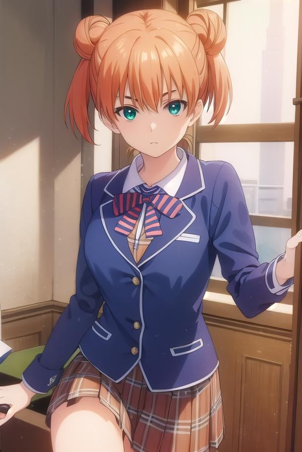 yuukiyoshino, <lora:yuuki yoshino s1-lora-nochekaiser:1>,yuuki yoshino, short hair, twintails, (green eyes:1.3), hair bun, orange hair, double bun,BREAK bow, school uniform, striped, bowtie, blazer, striped bowtie, blue blazer, brown skirt, plaid skirt, plaid,BREAK indoors, kitchen,BREAK looking at viewer, (cowboy shot:1.5),BREAK <lyco:GoodHands-beta2:1>, (masterpiece:1.2), best quality, high resolution, unity 8k wallpaper, (illustration:0.8), (beautiful detailed eyes:1.6), extremely detailed face, perfect lighting, extremely detailed CG, (perfect hands, perfect anatomy),