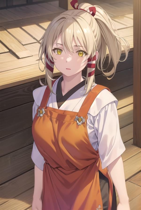 ukanomitamanokami, <lora:uka no mitama no kami s1-lora-nochekaiser:1>,uka no mitama no kami, long hair, blonde hair, hair ribbon, (yellow eyes:1.5), ponytail, tress ribbon,BREAK japanese clothes, miko, apron, (red apron:1.5),BREAK outdoors, shrine,BREAK looking at viewer, (cowboy shot:1.5),BREAK <lyco:GoodHands-beta2:1>, (masterpiece:1.2), best quality, high resolution, unity 8k wallpaper, (illustration:0.8), (beautiful detailed eyes:1.6), extremely detailed face, perfect lighting, extremely detailed CG, (perfect hands, perfect anatomy),