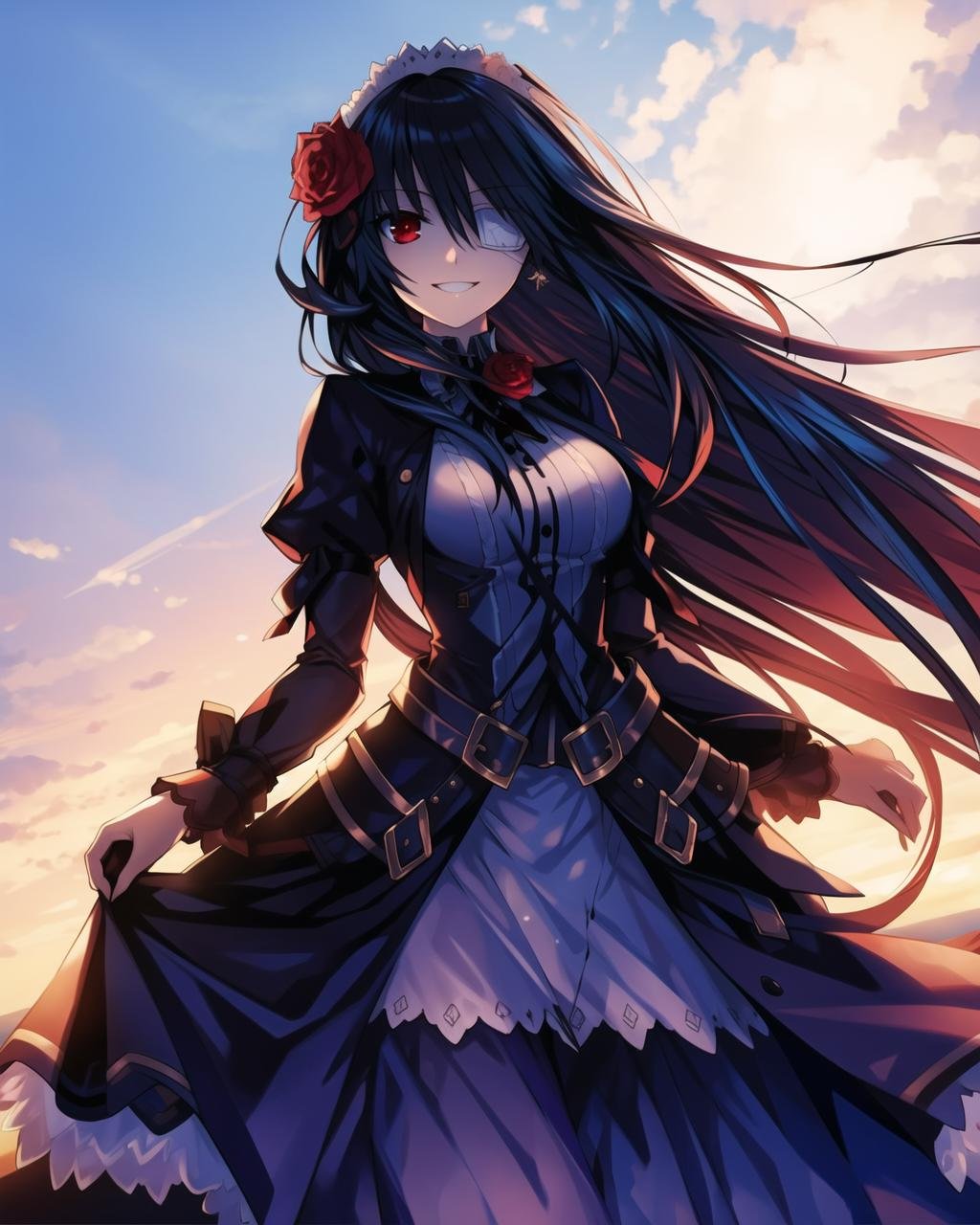 masterpiece, best quality, ((dynamic_angle)),outdoors,1 girl solo,((medical))_eyepatch,red_eyes,loose_hair,very_long_hair,gothic_lolita,hair_flower,glowing_eyes,floating_hair,smile,<lora:kurumi2:0.6>