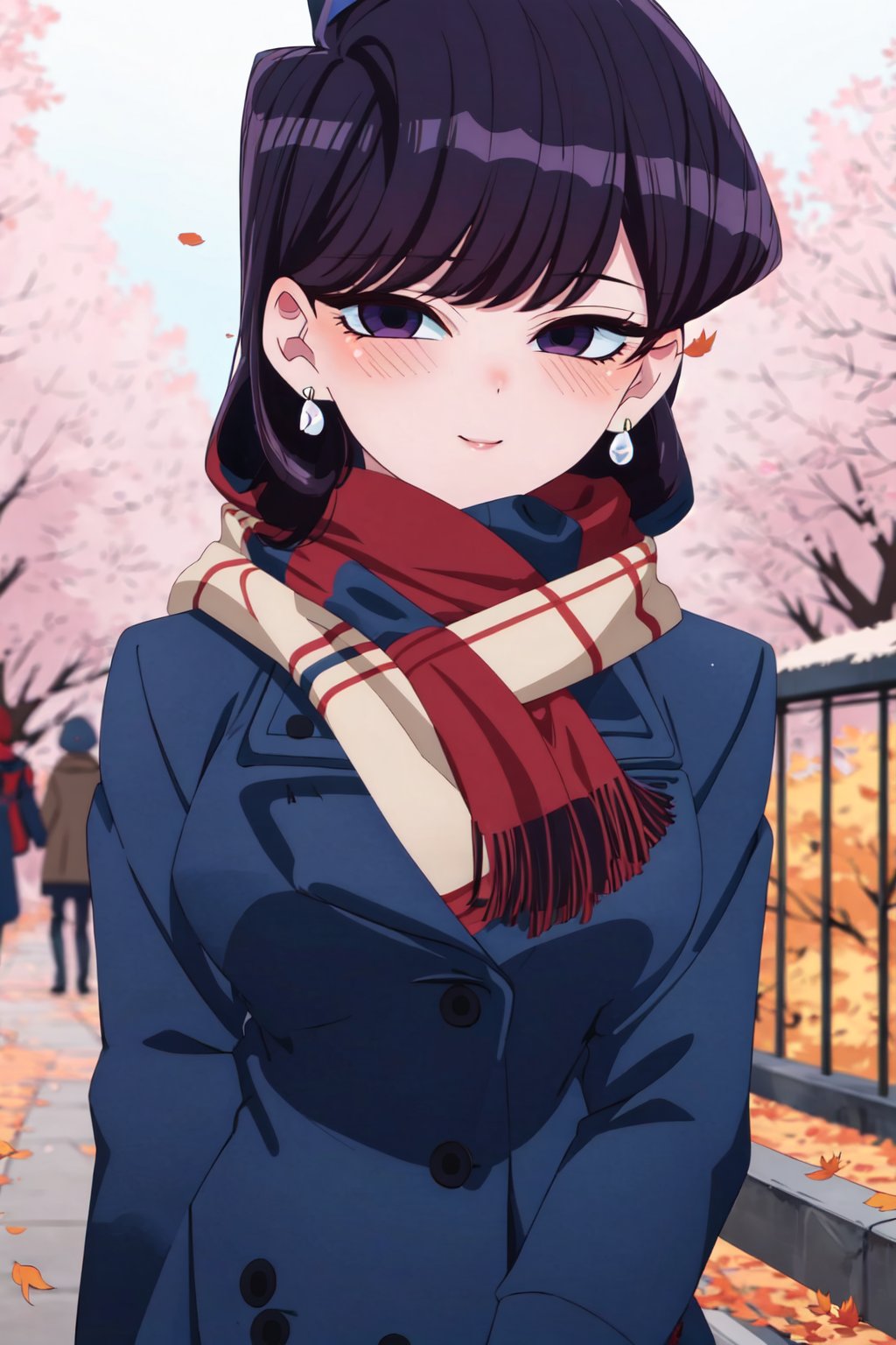 ShoukoKomi, Shouko Komi, (8k, high definition), upper body, loose hair, long eyelashes, loose hair, long hair, long sideburns, purple eyeliner, perfect eyes, embarrassed, blushing, high definition, highly detailed eyes, highly detailed, beret, scarf, open coat, pink coat, skirt, bracelet, earrings, autumn, falling leaves, dry leaves, looking at viewer, smile<lora:EMS-333743-EMS:1.000000>