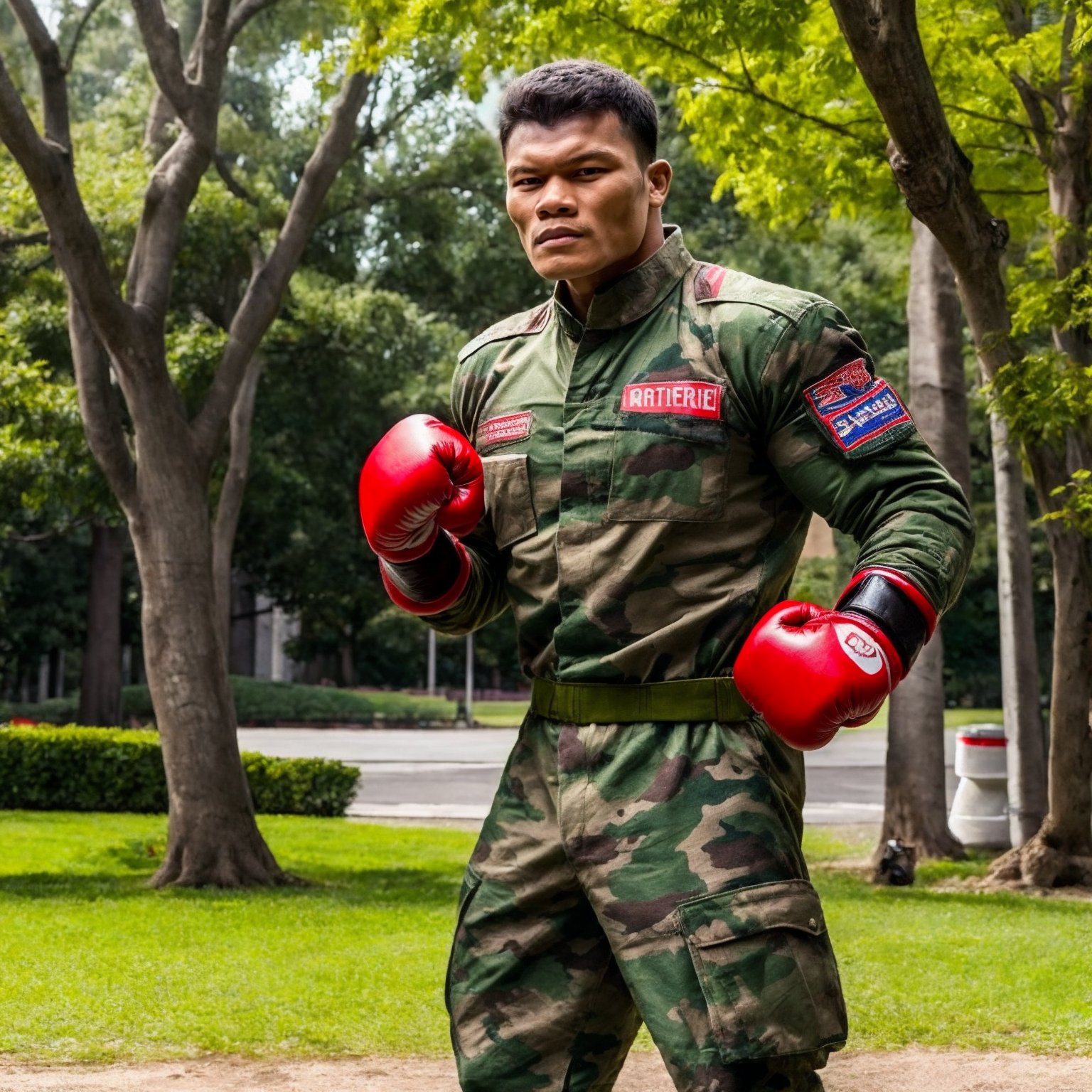 peemaipor, muscular, fighting stance, red boxing gloves, park, camouflage uniform, <lora:Add More Details:0.7> <lora:Peemaiporkobk B1:1>