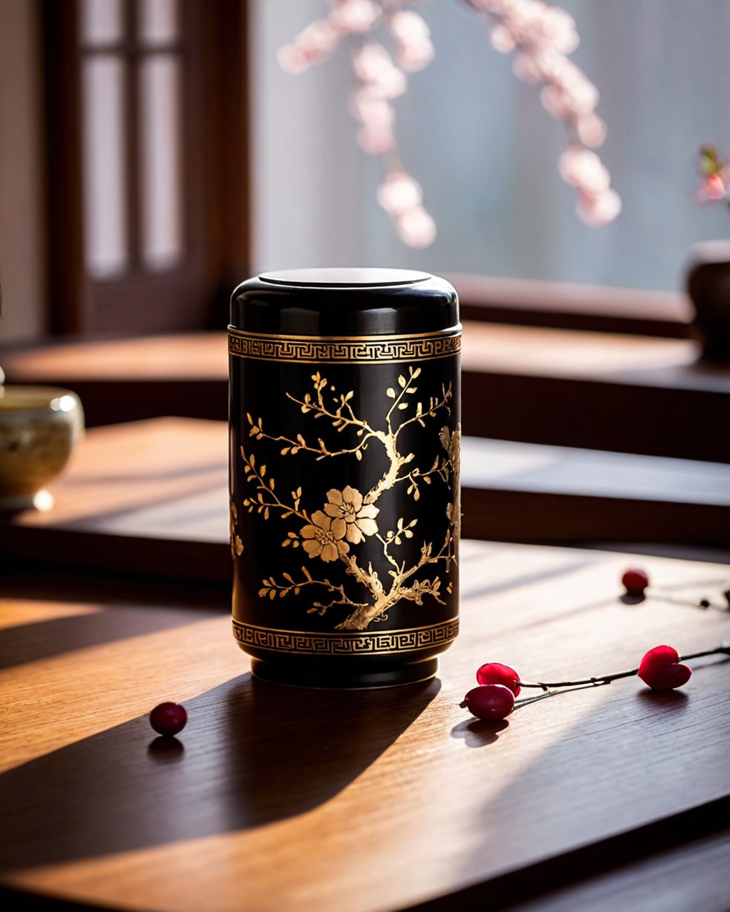 best quality,masterpiece,dead wood,still life,depth of field,black and gold teacup,side backlighting,soft natural light,wooden table,blurry background,table,traditional chinese tea tables,flower background,antique style cylindrical tea caddy,gold foil stamping,depth of field,petals,cherry blossoms,