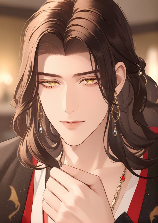 (best quality), ((masterpiece)), (highres), illustration, original, extremely detailed,  <lora:古风·鸢行风上:0.7>male focus, 1boy, long hair, yellow eyes, solo, looking at viewer, jewelry, brown hair, earrings, bishounen, blurry, black hair