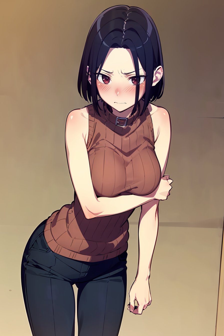 (masterpiece, best quality), 1girl, (solo), looking at viewer,blush, closed mouth, serious, embarrassed,<lora:AngryExGF (Stopman)-offset:1>, Angry-Ex-GF, red eyes, breasts, forehead,sleeveless, high collar, skin-tight, long pants, sweater, loafers