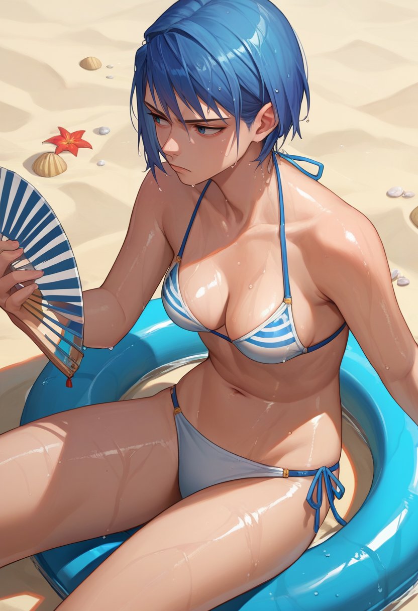 score_9, score_8_up, score_7_up, source_anime, solo, 1girl, aafranziska, shiny skin, wet, unamused, looking away, hand fan, blue hair, bikini, medium breasts, beach <lora:aa_franziska_ponyXL:1>