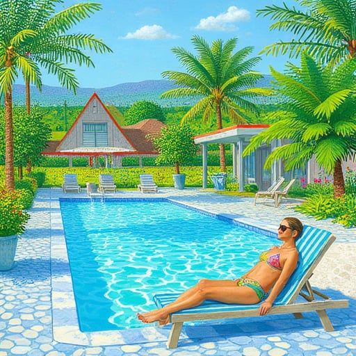 Generate an image of a serene poolside scene in the style of David Hockney. The composition should include a clear blue swimming pool with rippling water, surrounded by vibrant green foliage and modernist architecture. The scene is bathed in bright sunlight, casting sharp shadows. Include a figure lounging on a deck chair, wearing a colorful swimsuit and sunglasses, capturing the essence of a relaxed summer afternoon.