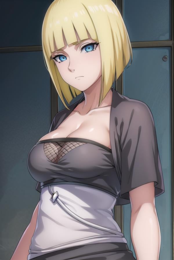 samui, <lora:samui-lora-nochekaiser:1>, samui, blue eyes, blonde hair, short hair, bangs, blunt bangs,BREAK cleavage, fishnets, dress, grey dress, skirt, grey skirt,BREAK cowboy shot, looking at viewer, BREAK indoors,BREAK <lyco:GoodHands-beta2:1>, (masterpiece:1.2), best quality, high resolution, unity 8k wallpaper, (illustration:0.8), (beautiful detailed eyes:1.6), extremely detailed face, perfect lighting, extremely detailed CG, (perfect hands, perfect anatomy),