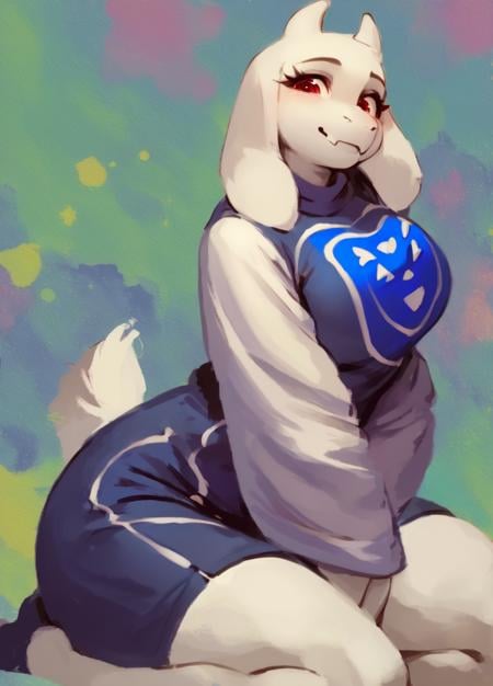 score_9, score_8_up, score_7_up, score_6_up, score_5_up, score_4_up, source_furry, style_cartoon, rating_safe, <lora:Toriel:.9>, Toriel is holding up her dress revealing her legs, watercolor background, half naked, classic outfit