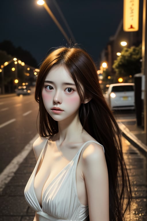 {masterpiece},extremely detailed 8K wallpaper,highres,focus on character,1girl,{{upper body}},absurdly long hair,floating hair,halo,pretty eyes,belle,dress,slim,thin,{{delicate face}},big tits,cute,street,raining,(((night))),