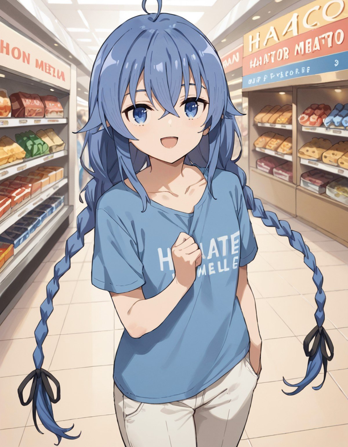 score_9, score_8_up, score_7_up, source_anime, 1girl, solo, looking at viewer, outdoors, indoors, shopping mall, crowd,<lora:roxy_migurdia_anime_s2_v4-soralz:1>, roxy migurdia, long hair, blue hair, blue eyes, hair between eyes, twin braids, crossed bangs, black ribbon, ahoge,collarbone, blue t-shirt, long pants, short sleeves, happy, shirt with text HELLO, 