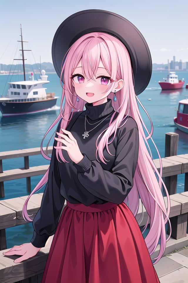 insanely detailed, absurdres, ultra-highres, ultra-detailed, best quality,1girl, solo, nice hands, perfect handsBREAK(nsfw:-1.5),(black theme:1.4), (fit body:1.3), (tight long sleeve and turtleneck (black sweater):1.4), (black heeled boots with lace-up:1.1),BREAK(black and red theme:1.3), ((red) high-waisted ((maxi length skirt, very long A line skirt):1.2) with [plaid pattern]:1.4), ((black) bucket hat with wide brim:1.4),BREAK((earrings, necklace):1.2),(naked skin:-1), (mini skirt:-1), (legs:-1), (straw hat:-1), (red hat:-1), (green hat:-1), (white sweater:-1), (slit:-1), (belt:-1), (multiple necklaces:-1), (navel:-1), (waist:-1), (cleavage:-1.5)BREAKhappy smile, laugh, open mouth,,cute pose, cowboy shot, looking at viewerBREAKslender, kawaii, perfect symmetrical face, ultra cute girl, ultra cute face, ultra detailed eyes, ultra detailed hair, ultra cute, ultra beautifulBREAK(bay, sea, harbor, bay side:1.4), (cityscape in tokyo:1.3), buildings, day, blue sky, panorama view, outdoor, (indoors:-1.3), (day:1.3), (evening:-1.5), (night:-1.5), depth of field, ultra detailed background, (very wide, panorama view, sense of depth, magnificent view:1.3)BREAKmedium breastsBREAKpink hair, pink eyes, crochet braids, hair between eyes