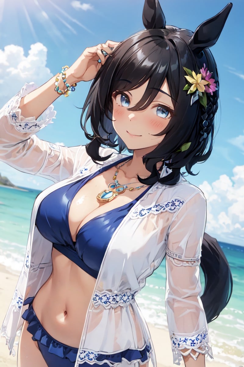 masterpiece, best quality,asw_eishin flash \(umamusume\), 1girl, swimsuit, horse ears, bikini, cleavage, jewelry, horse tail, outdoors, blue bikini, looking at viewer, necklace, navel, braid, smile, hair ornament, blush, hair between eyes, open clothes, bracelet, collarbone, frills, frilled bikini, white jacket, cowboy shot, medium hair, bangs, official alternate costume, official alternate bikini, white dress, one-piece dress, long sleeves, curl inside hair <lora:SD_eishin_flash_v1.0:0.85>