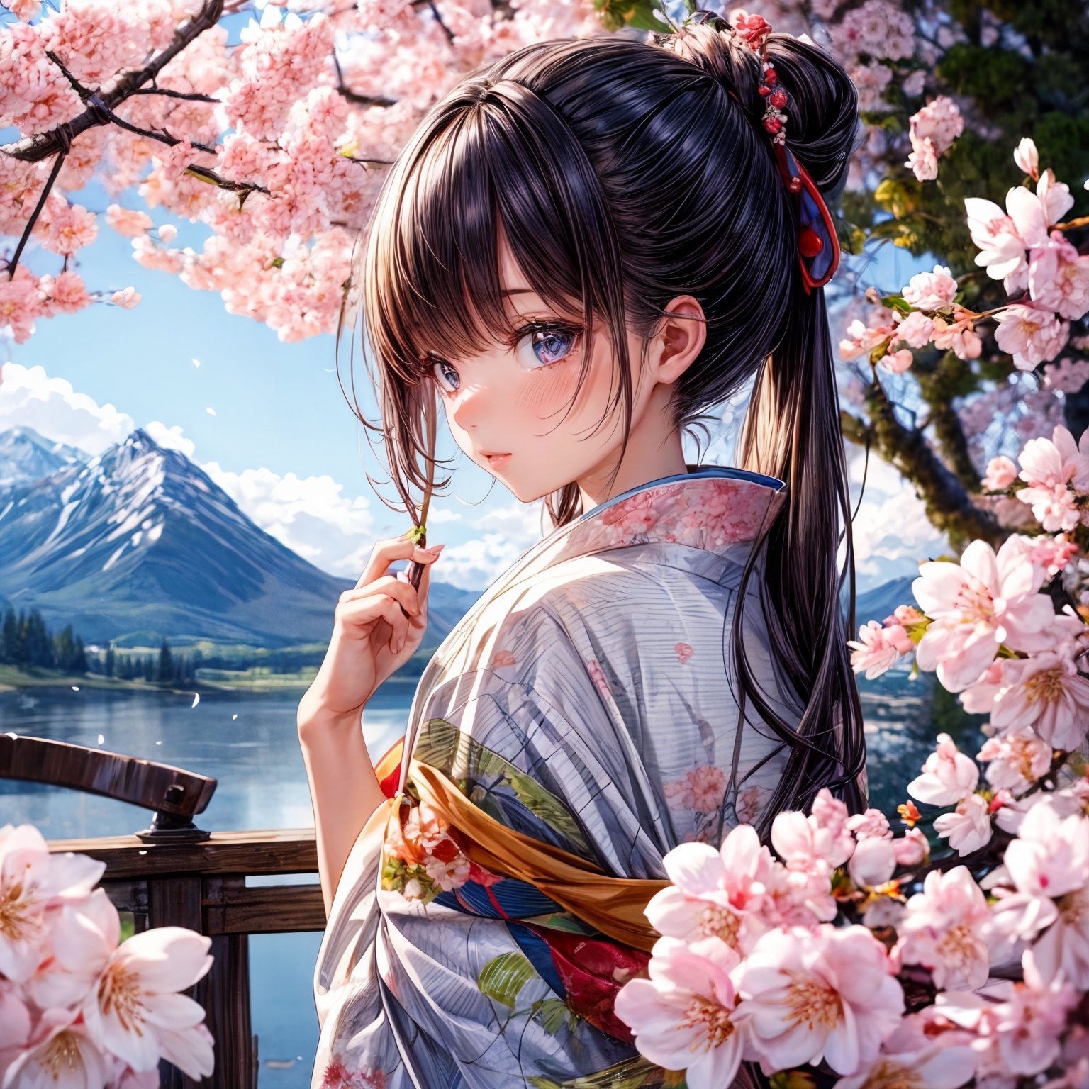 (masterpiece,ultra-detailed,best quality,8K,illustration,shaved:1.2),(petite girl:1.2) <lora:add_detail:1.5>,  kimono,<lora:cherry blossom:0.8> cherry blossom,mountain