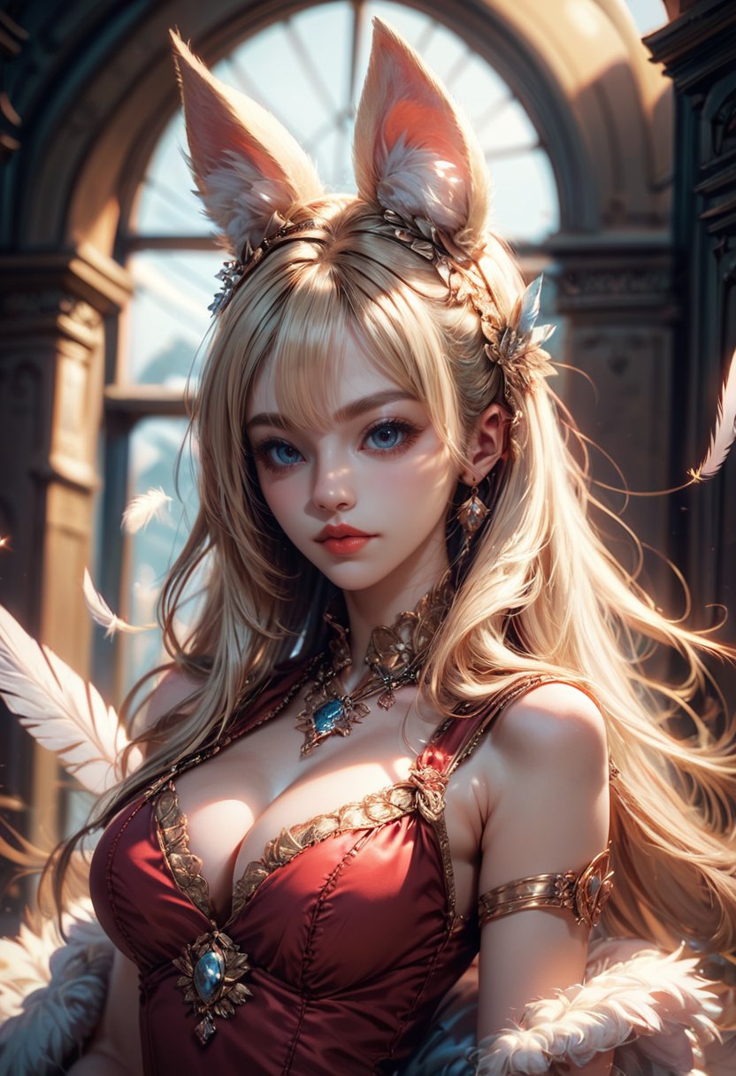 score_9,score_8_up,score_7_up, zPDXL, 1girl, long hair, breasts, looking at viewer, bangs, blue eyes, blonde hair, large breasts, hair ornament, dress, animal ears, cleavage, jewelry, upper body, earrings, parted lips, sleeveless, solo focus, artist name, necklace, cape, blurry, lips, sleeveless dress, blurry background, red dress, feathers, gem, armlet, realistic, red lips, feather hair ornament<lora:fiasco_A1:0.9>