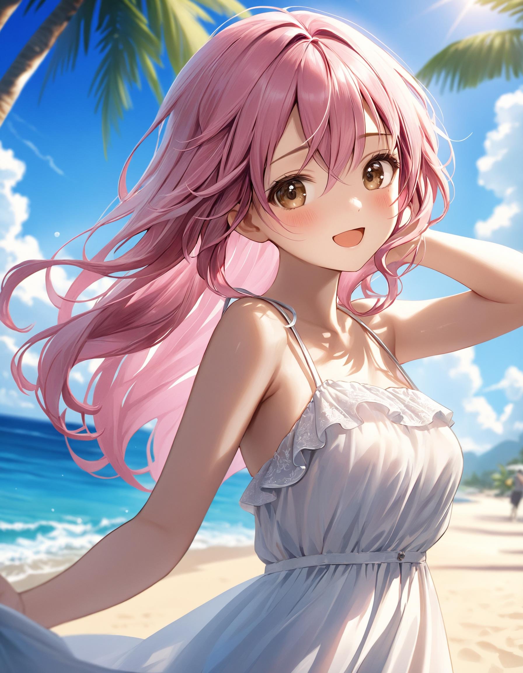 Depth of field. (Cinematic angle:1.2). A 18YO girl. (Cute round face:1.2). Detailed dark-brown eyes and tsurime. (Long wavy hair:1.1), pink hair, pink inner hair and hair between eyes. Detailed body. Medium breasts. (White chiffon sundress:1.2). Happy expression. Open mouth. (Stylish pose:1.2). Head tilt. Looking at viewer. Fashionable private beach. Palm tree. (Waves:0.7). Summer. (Daytime:1.2). (Sunbeam:1.4). Cinematic style. Photorealistic. Intricate details. Extremely detailed. Outstanding intricacies. (Masterpiece:1.2). (Best quality:1.2). (Absurdres absolutely resolution:1.4).