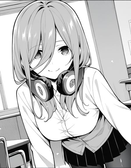 score_9, score_8_up, score_7_up, source_anime,mikunakano, <lora:miku-nakano-manga-ponyxl-lora-nochekaiser:1>,miku nakano, long hair, bangs, shirt, hair between eyes, headphones, headphones around neck, monochrome, greyscale,skirt, shirt, long sleeves, white shirt, pantyhose, pleated skirt, black pantyhose, cardigan,indoors, classroom, bent over, smile,looking at viewer, cowboy shot, dutch angle, solo, mature female,