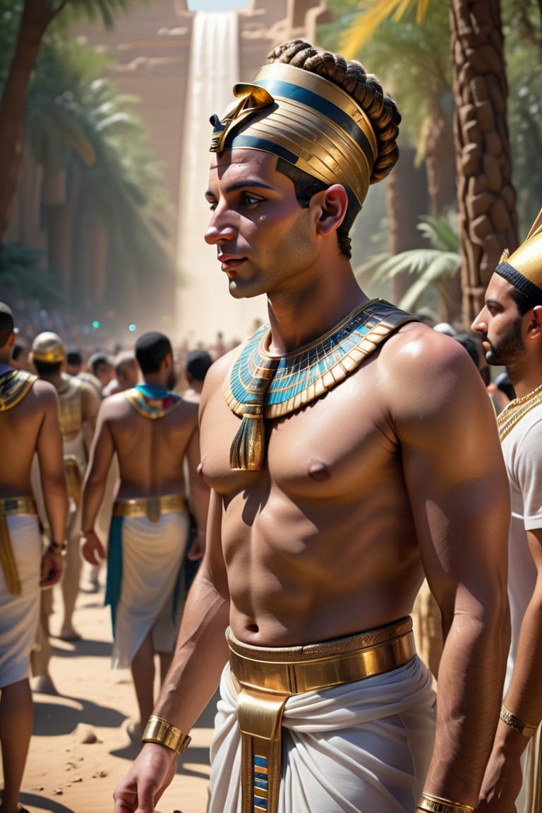 masterpiece of photorealism, photorealistic highly detailed professional 8k raw photography, best hyperrealistic quality, volumetric real-time lighting and shadows, Zoom Shot, Male Engineer, Actor's Body Shape, Pharaoh's Egyptian Regalia, Braided Bun, Holding a Smartphone, Hidden Water Springs in Deep Forests, background full of busy people