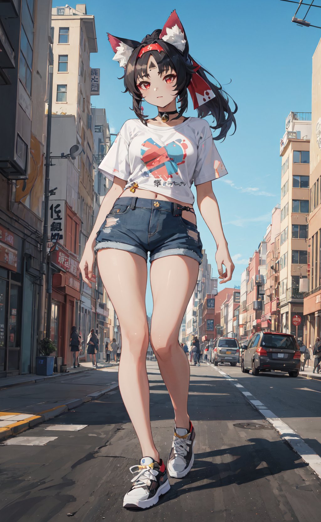 <lora:Nekomiya-000020:0.8>,Nekomiya CYQL,1girl,looking at viewer,solo,animal ears,black hair,red eyes,cat ears,bell,facial mark,cat girl,hairband,animal ear fluff,ponytail,(Oversized_graphic_tee:1.5),(Denim_shorts_with_patchwork:1.4),(Canvas_high-top_sneakers:1.3),(Street_art_background:1.4),happy,upper_body,Sliding glass doors, Outdoor seating, Potted plants, Floor-to-ceiling curtains, Lounge chair,beautiful detailed sky,beautiful detailed glow,posing in front of a colorful and dynamic background,masterpiece,best quality,beautiful and aesthetic,contrapposto,female focus,wallpaper,