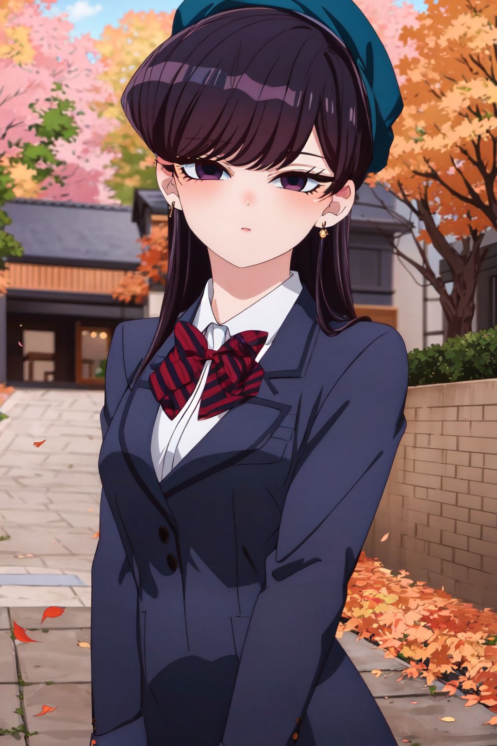 ShoukoKomi, Shouko Komi, (8k, high definition), upper body, loose hair, long eyelashes, loose hair, long hair, long sideburns, purple eyeliner, perfect eyes, embarrassed, blushing, high definition, highly detailed eyes, highly detailed, beret, open coat, skirt, bracelet, earrings, autumn, falling leaves, dry leaves, looking at viewer<lora:EMS-333743-EMS:1.000000>