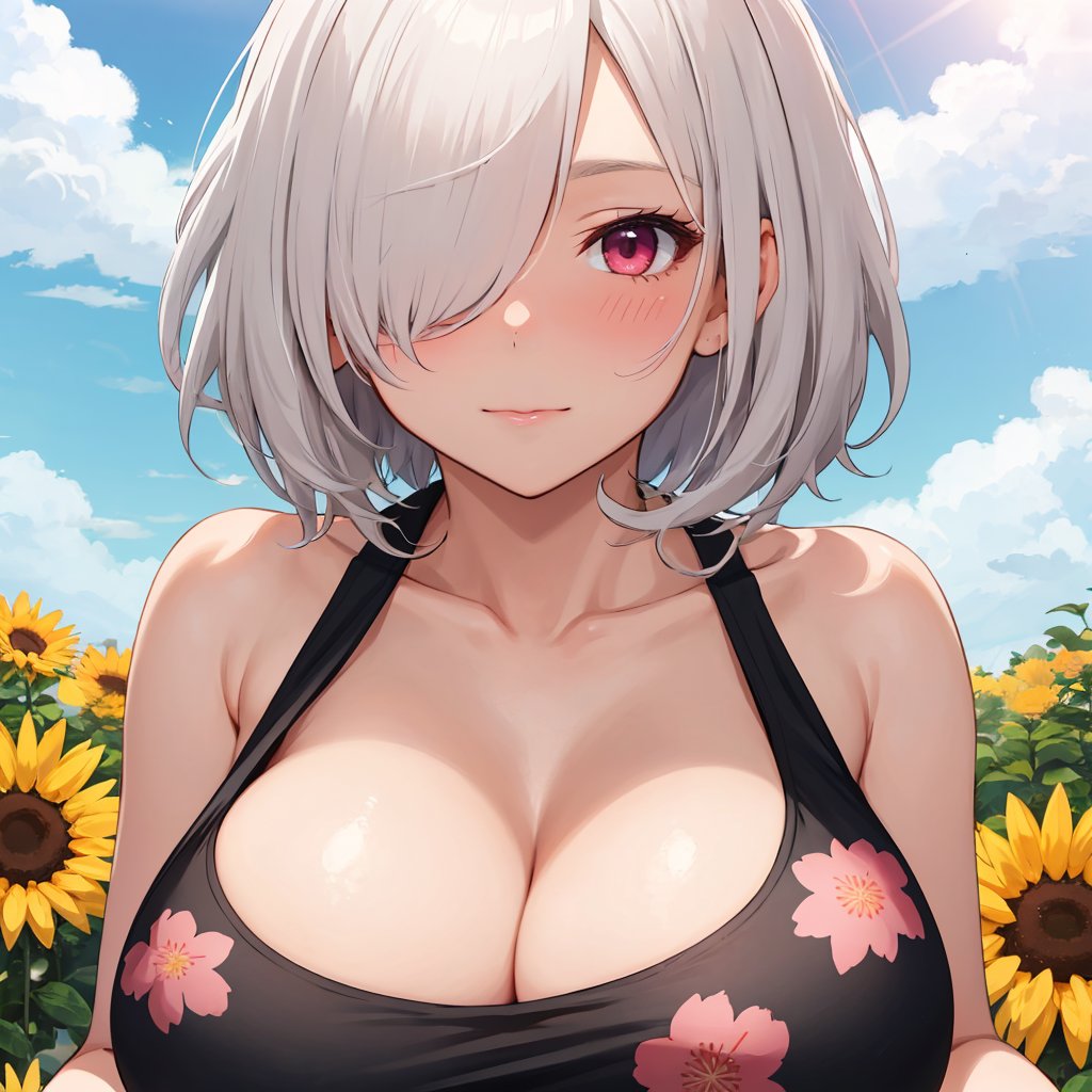 1girl, mature female, mature face, reddish pink eyes, white hair, short hair, (hair over one eye:1.3), nose blush, large breast, upper body, black tank top, floral print, day, sunlight, clouds