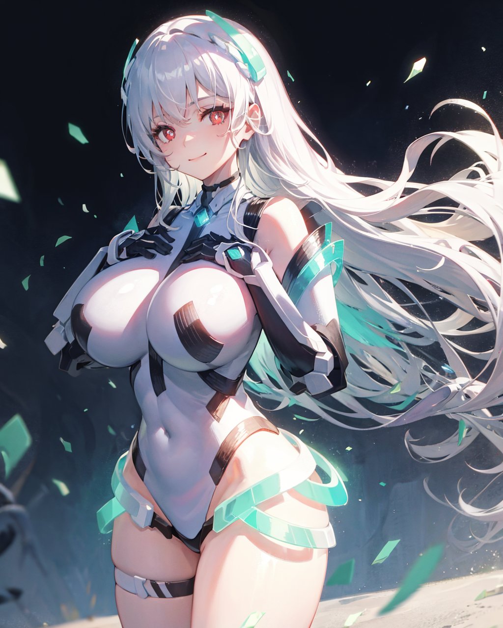 1girl,solo, light smile,huge breasts, deva battle suit,gloves, <lora:DevaBattleSuitV1:1>,very long hair,outdoors,white_hair,long hair,red_eyes,hand on own chest, heart-shaped pupils, light smile, 