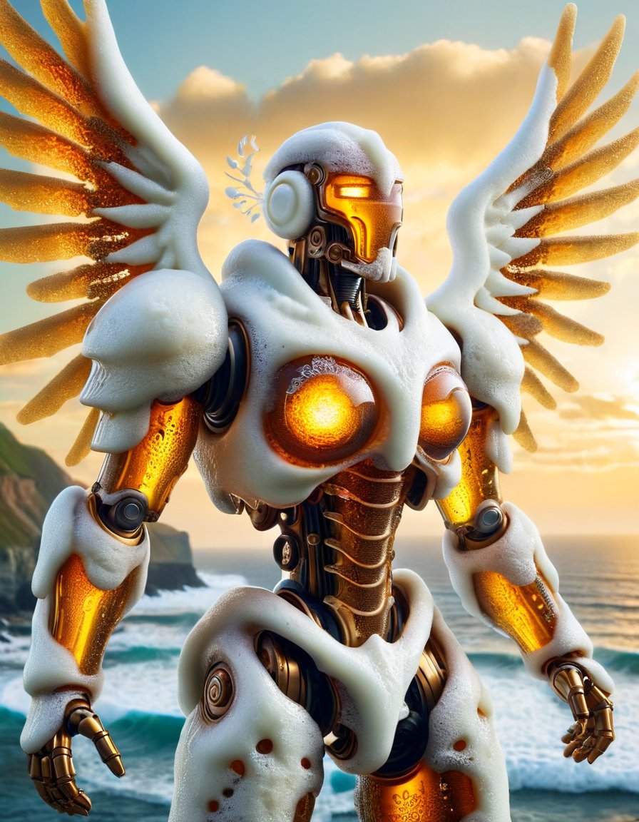 Ornate and Intricate, (gears:1.4),(jet_engine:1.2),power_lines,(energy_wings:1.2),Wearing titanium and reflective ral-beer armor,Dramatic cliffside overlooking crashing ocean waves,(fantasyArt:1.4),(close-up:1.2),(vivid colors:1.4),beautiful colors,Reflected Light,(Ray Tracing:1.5),Bokeh,realistic,highres,HDR,UHD,8K,best quality,masterpiece,highly detailed,ultra-detailed,<lora:Faceless_Cyborgs-000014:0.6>,(noface:1.5),(cyborg:1.3),(ornate_armor:2),(mecha:1.5),(MECHA-BACK-UNIT:1.5),(complex robot:1.4),(insane fine details:1.3),(ultra-detailed mecha armor:1.8),(detailed armor description:1.8),(mechanical parts:1.5),(mechanical parts:1.5),(robot joints:1.5),(heroic parts:1.5),(heroic armor:1.5),sunbeam,, decorative, highly detailed, elaborate, ornate, intricate <lora:ral-beer:1> made of ral-beer