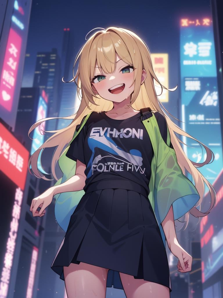 (masterpiece,best quality:1.4),1girl,mesugaki v2,flower,skirt,open mouth,(evil smile:1.2),<lora:mesugaki_v2:0.7>,t-shirt,wet clothes,cyberpunk,city lights,from below,blonde hair,grin, 