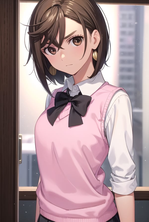 momoayase, <lora:momo ayase manga-lora-nochekaiser:1>,momo ayase, short hair, brown hair, (brown eyes:1.5), bangs, thick eyebrows,BREAK skirt, school uniform, pleated skirt, shoes, socks, loafers, sweater vest, (pink sweater:1.5), shirt, white shirt, collared shirt, earrings, green earrings,BREAK indoors, classroom,BREAK looking at viewer, (cowboy shot:1.5),BREAK <lyco:GoodHands-beta2:1>, (masterpiece:1.2), best quality, high resolution, unity 8k wallpaper, (illustration:0.8), (beautiful detailed eyes:1.6), extremely detailed face, perfect lighting, extremely detailed CG, (perfect hands, perfect anatomy),