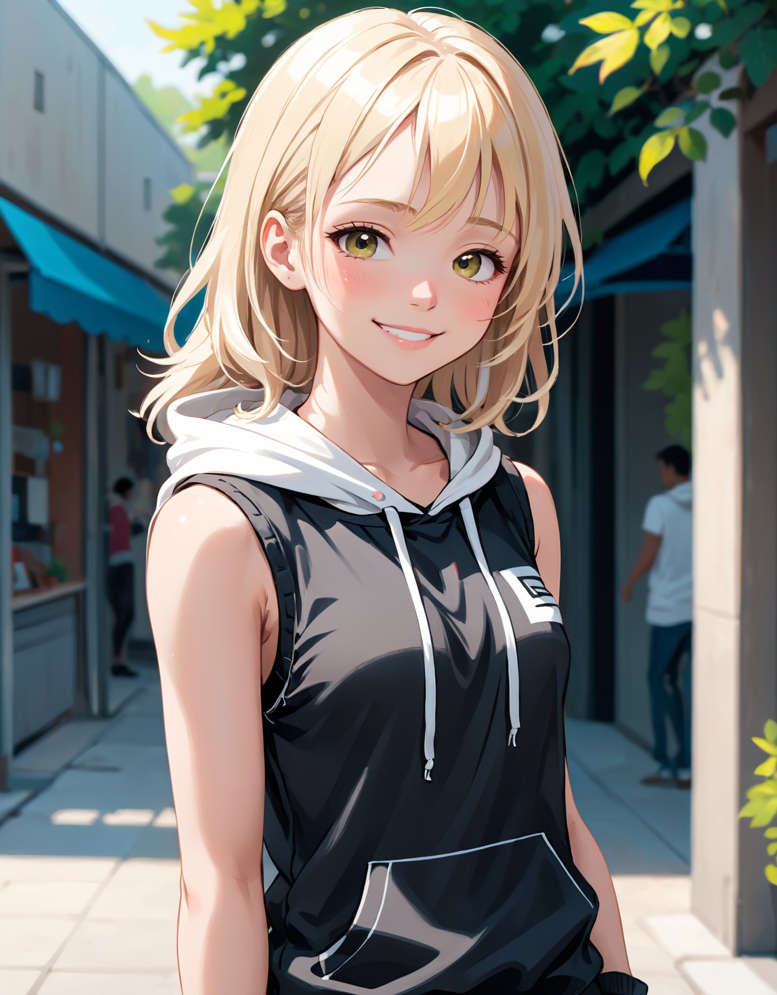 An illustration of a blonde girl wearing a black sleeveless top and a white sleeveless hoodie, standing confidently with a bright smile, exuding a sense of style and charm.,open air