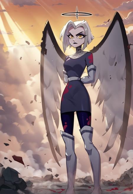 1girl, <lora:lute_hazbin_hotel_ponyxl_v1:0.9>, lute, solo, standing, wings, elbow gloves, grey dress, chainmail collar, purple pantyhose, white sash, thigh boots, black halo, blood on clothes, arms behind back, yellow sky, cloudy sky, smoke, fog, debris, dust, light rays,BREAKscore_9, score_8_up, score_7_up, score_6_up