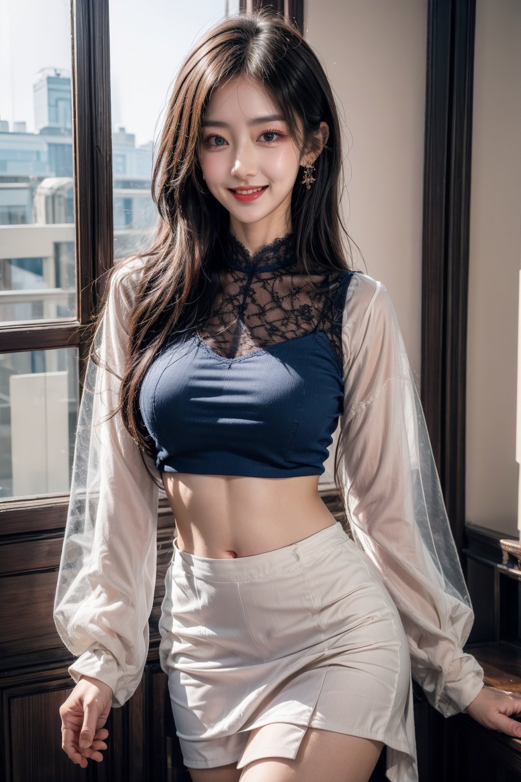 1girl, solo, skirt, long hair, looking at viewer, jewelry, earrings, white skirt, indoors, crop top, see-through, navel, black hair, standing, shirt, long sleeves, lace, blue shirt, lace trim, realistic, breasts, building, brown hair, smile, photorealistic, lips, red lips, day, brown eyes, medium breasts, parted lips, closed mouth, blue eyes, parted bangs,