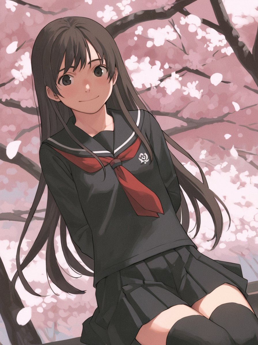 score_9_up,score_8_up,score_7_up, <lora:comiclo-xl-pony:0.7>,1girl, aisaka taiga, solo, long hair, school uniform, brown hair, thighhighs, brown eyes, serafuku, petals, cherry blossoms, black serafuku, smile, skirt, arms behind back, zettai ryouiki, black thighhighs, very long hair, black skirt