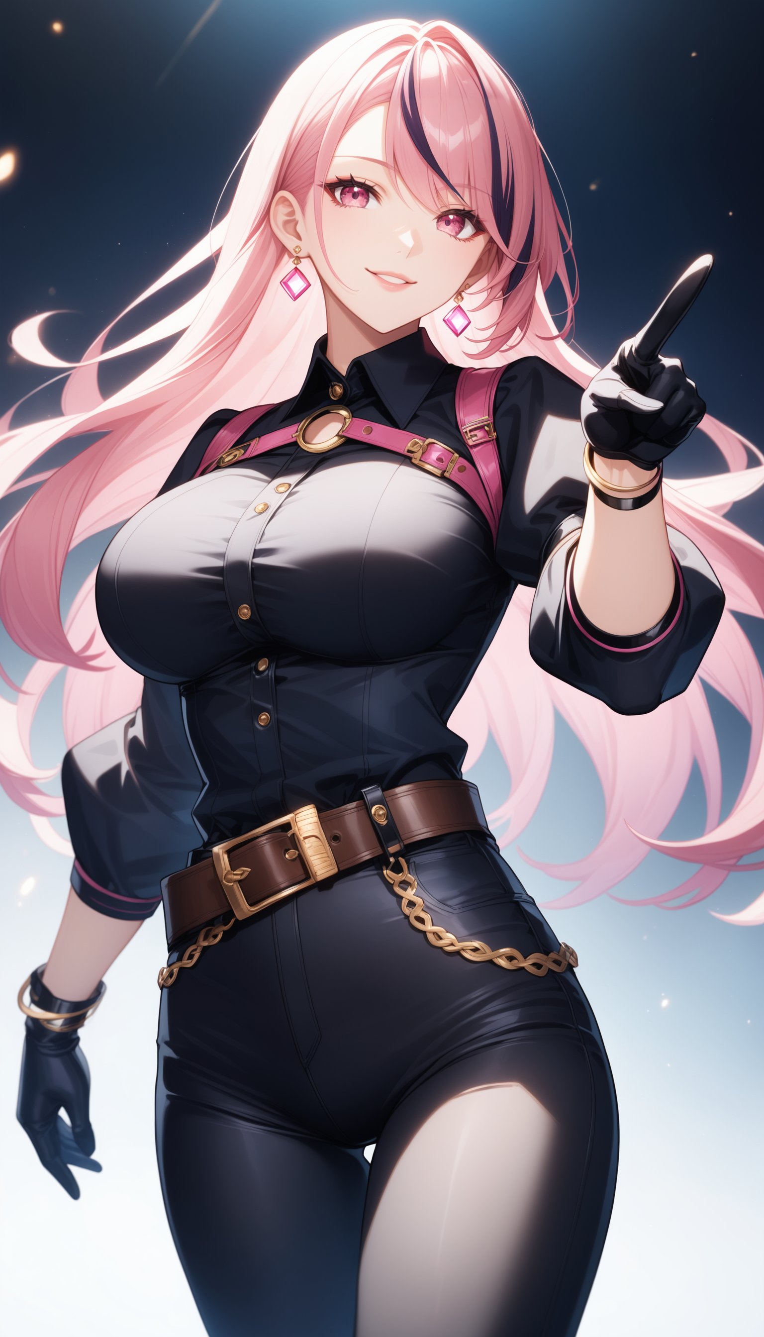 score_9, score_8_up, score_7_up, intricate details,1girl, solo, belt, pink eyes, long hair, smile, shirt, looking at viewer, gloves, brown belt, black shirt, long sleeves, pants, jewelry, earrings, pink hair, black pants, collared shirt, black gloves, puffy sleeves, large breasts, belt buckle, juliet sleeves, buckle, bracelet, cowboy shot, streaked hair, parted lips, pointing at viewer,