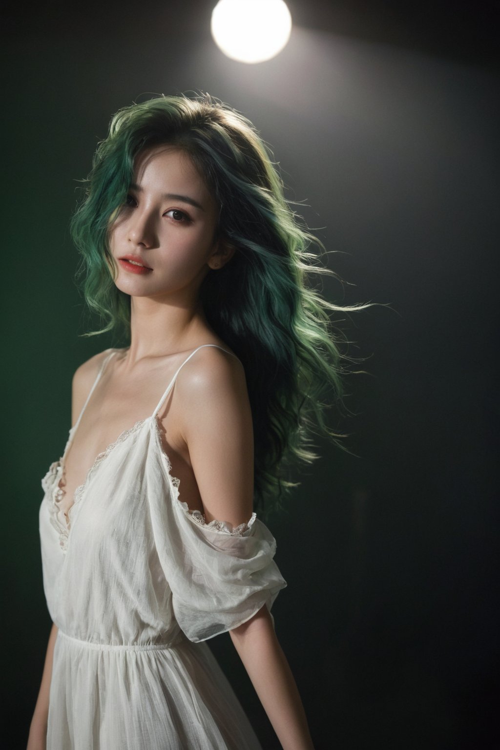 ultra wide field, ultra dynamic lighting amazing shadows, Deep photo,depth of field,shadows, hubggirl, messy hair,dark,dark photo,grainy,dimly lit,green hair,white backless_dress,