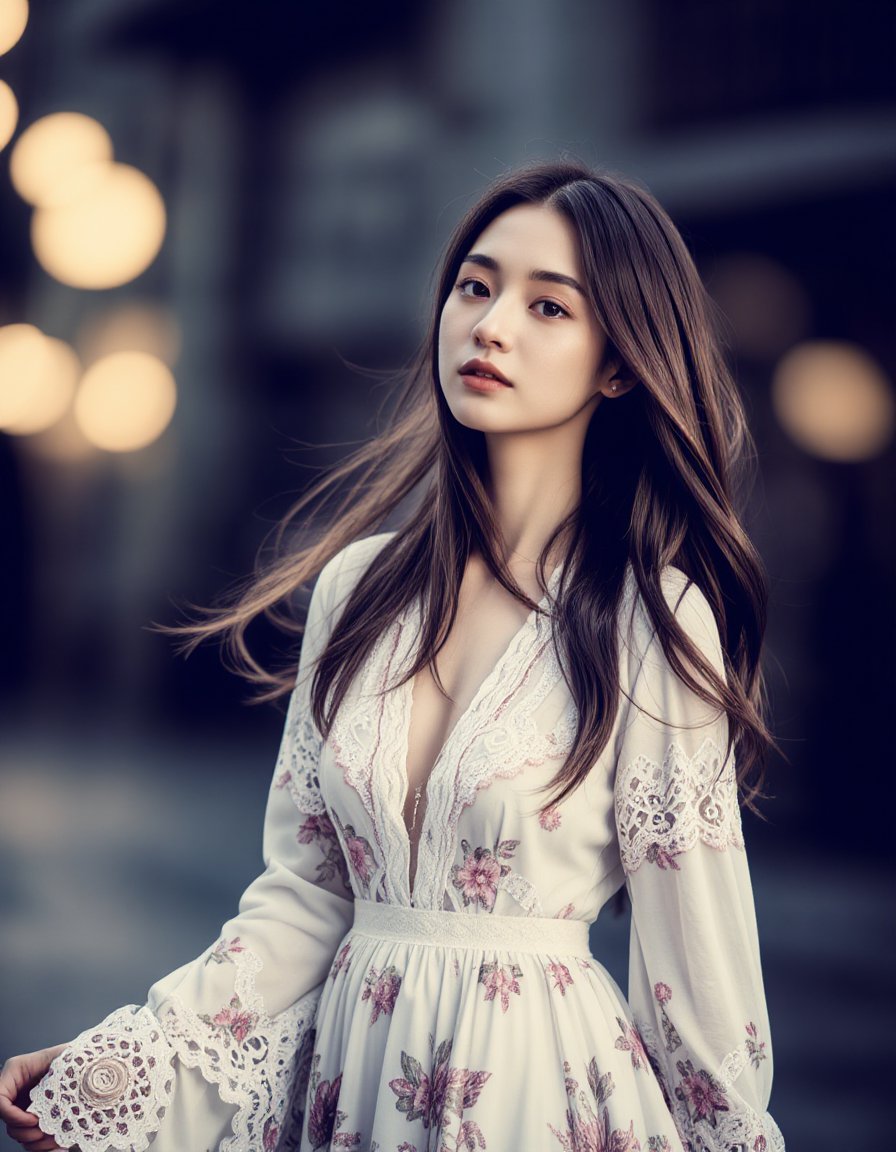 best quality, masterpiece, playful theme, raw photo of a woman in floral long lace dress which often for ornate details and floral symbols, flowing long brown hair cascading over her shoulders, middle distance shot taken by long range lens, high key light, hard shadow, soft bokeh, professional photography, balanced contract, balanced exposure,bohoai hinaigirl<lora:hinaFluxBohoGirlMix-schnell_v1:0.9>