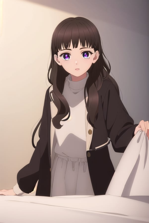 emmanakazono, <lora:emma nakazono-alpha-lora-nochekaiser:1>,emma nakazono, long hair, bangs, brown hair, black hair, (purple eyes:1.1), blunt bangs, wavy hair,BREAK jacket, sweater, lips, red shirt,BREAK indoors,BREAK looking at viewer, (cowboy shot:1.5),BREAK <lyco:GoodHands-beta2:1>, (masterpiece:1.2), best quality, high resolution, unity 8k wallpaper, (illustration:0.8), (beautiful detailed eyes:1.6), extremely detailed face, perfect lighting, extremely detailed CG, (perfect hands, perfect anatomy),