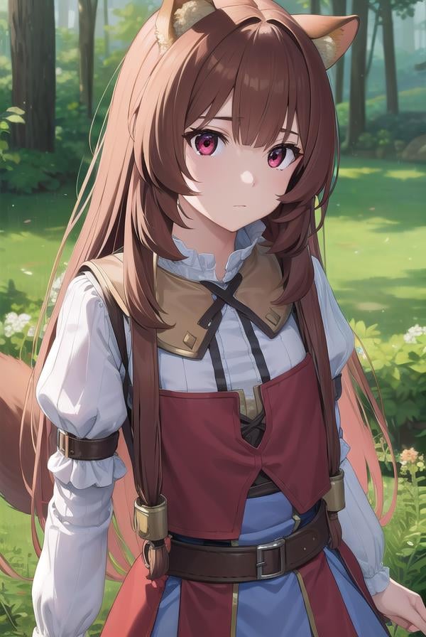 raphtalia, <lora:raphtalia-lora-nochekaiser:1>,raphtalia, animal ears, brown hair, long hair, raccoon ears, raccoon girl, raccoon tail, (red eyes:1.5), tail,BREAK arm garter, belt, brown belt, brown dress, dress, juliet sleeves, long sleeves, puffy sleeves, short dress,BREAK looking at viewer,BREAK outdoors, forest, nature, sun, sky, (cowboy shot:1.5),BREAK <lyco:GoodHands-beta2:1>, (masterpiece:1.2), best quality, high resolution, unity 8k wallpaper, (illustration:0.8), (beautiful detailed eyes:1.6), extremely detailed face, perfect lighting, extremely detailed CG, (perfect hands, perfect anatomy),