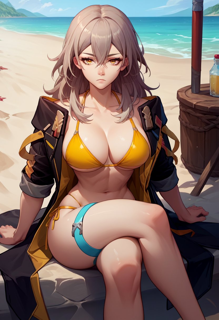 score_9, score_8_up, score_7_up, source_anime, solo, 1girl, hsrstelle, expressionless, looking at viewer, sitting, crossed legs, black coat, open coat, yellow bikini, side-tie bikini bottom, thigh strap, large breasts, outdoors, beach <lora:hsr_stelle_ponyXL:1>