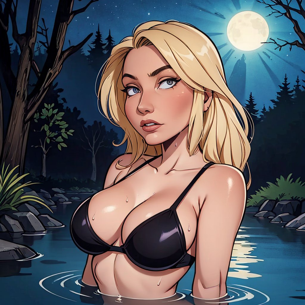 A blonde woman with long, wet hair, piercing gray eyes, and medium-sized breasts is in a river during a moonless night. She is wearing a black bikini that contrasts with her pale skin, and her wet hair falls over her shoulders and also wet breasts. Her face is illuminated by a mysterious light, highlighting her seductive features and enigmatic gaze. The setting is dark and magical, with tall trees and deep shadows around the river, creating an atmosphere of mystery and sensuality,toon<lora:EMS-401178-EMS:0.800000>