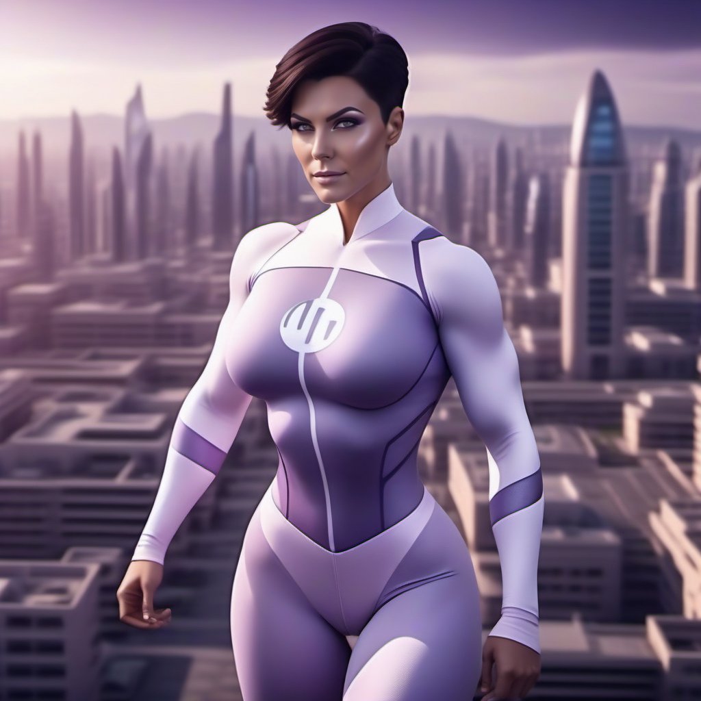 cinematic photo a full body muscular woman, short dark hair, huge breast, wears a futuristic white and light purple bodysuit , flying over a city in the background <lora:Anissa1024:0.8> . 35mm photograph, film, bokeh, professional, 4k, highly detailed