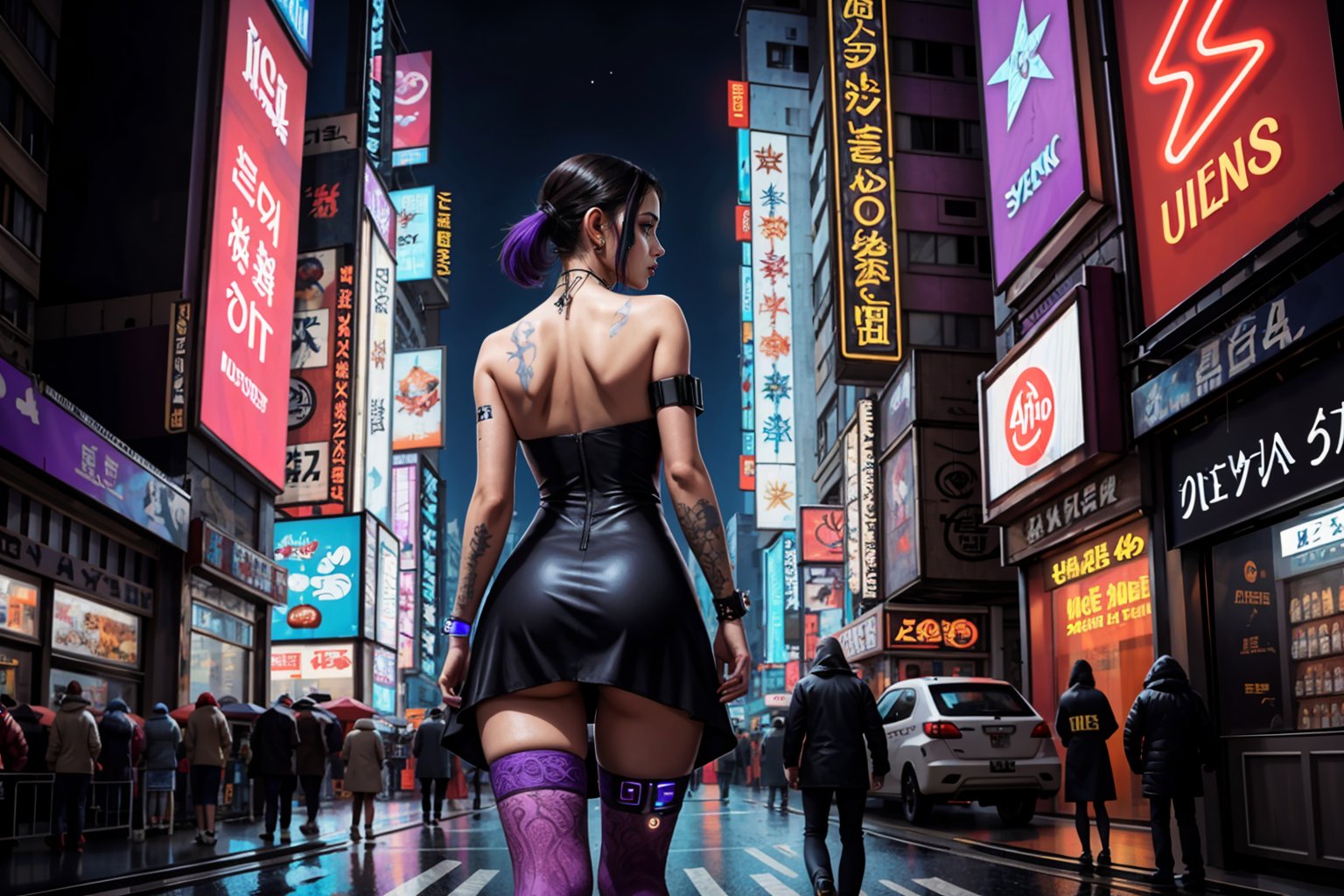 a woman in a purple dress and some men in black and purple outfits and a neon light up background, (cyberpunk:1.4), nighttime, 1girl, building, city, city lights, cityscape, (cyberpunk-towers:1.3), earth \(planet\), from behind, lens flare, lights, moon, neon lights, night, planet, rain, science fiction, skyscraper, space, thighhighs, underwear, (close-up shot:1.2) (asymmetrical:1.5), (alluring:1.42), (exquisitely seductive:1.34), (sublime:1.42), (fantastically epic:1.34), (masterpiece:1.45), (absurdres:1.62), (16k uhd:1.34), (4k, intricate:1.57), (realistic, photo-realistic:1.37) <lora:add_detail:1> <lora:tangbohu-detailmaker_v2.5:0.2> (vrays:1.4) (sharp:1.3) (stunning-environment:1.4) (irresistible:1.4)