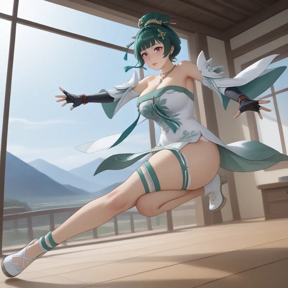 1girl, solo, Hanying, green hair, single hair bun, hair stick, hair ornament, necklace, strapless dress, white dress, cleavage, detached sleeves, fingerless gloves, flying kick , full body, thigh strap, skindentation, indoors, teahouse, window, mountains <lora:SDXL_Hyper:1> <lora:STFD_P:1> <lora:hanying-pdxl-nvwls-v1:1>