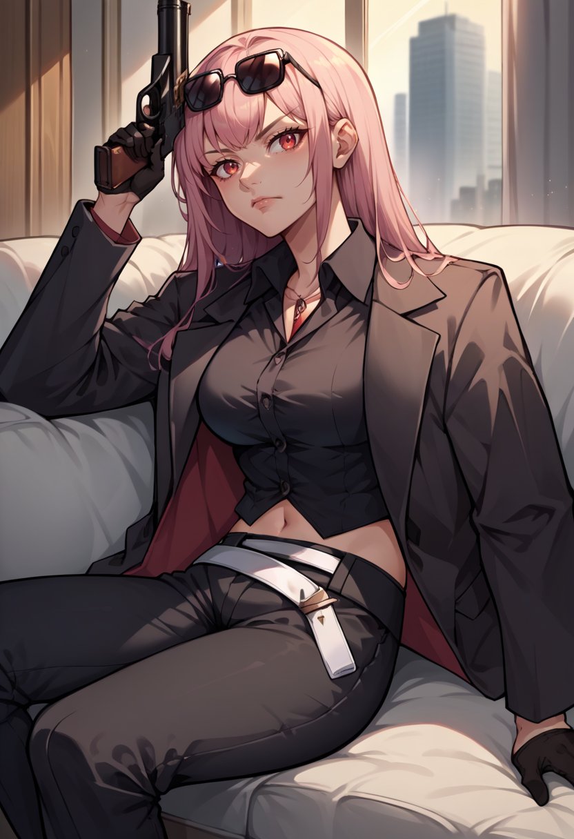 score_9, score_8_up, source_anime, 1girl, solo, MoriQSuit, long hair, pant suit, black jacket, black shirt, collared shirt, black pants, navel, black gloves, white belt, sunglasses, eyewear on head, sitting on couch, indoors, holding gun, <lora:CHAR-MoriCalliopePonyXL:1>