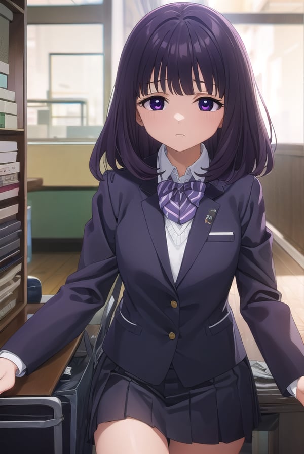 rionashijou, <lora:riona shijou s1-lora-nochekaiser:1>,riona shijou, bangs, purple hair, (purple eyes:1.1), medium hair,BREAK skirt, long sleeves, school uniform, jacket, socks, black skirt, two side up, black jacket, kneehighs, blazer, black socks, bow, bowtie, stripped, stripped bowtie,BREAK indoors, classroom,BREAK looking at viewer, (cowboy shot:1.5),BREAK <lyco:GoodHands-beta2:1>, (masterpiece:1.2), best quality, high resolution, unity 8k wallpaper, (illustration:0.8), (beautiful detailed eyes:1.6), extremely detailed face, perfect lighting, extremely detailed CG, (perfect hands, perfect anatomy),